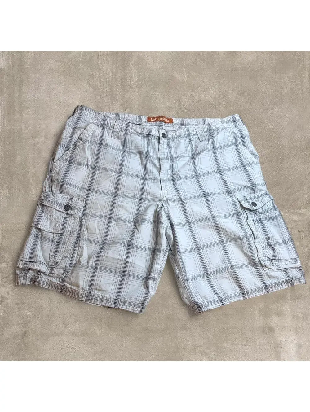 Vintage Y2K Lee Dungarees Mens Plaid Cargo Shorts 42 White Grid Utility Jorts